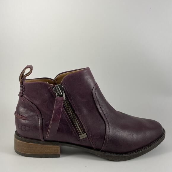 UGG Shoes - UGG Aureo Bootie Purple Leather Round Toe Side Zip Ankle Boot 1098314 Womens 6.5
